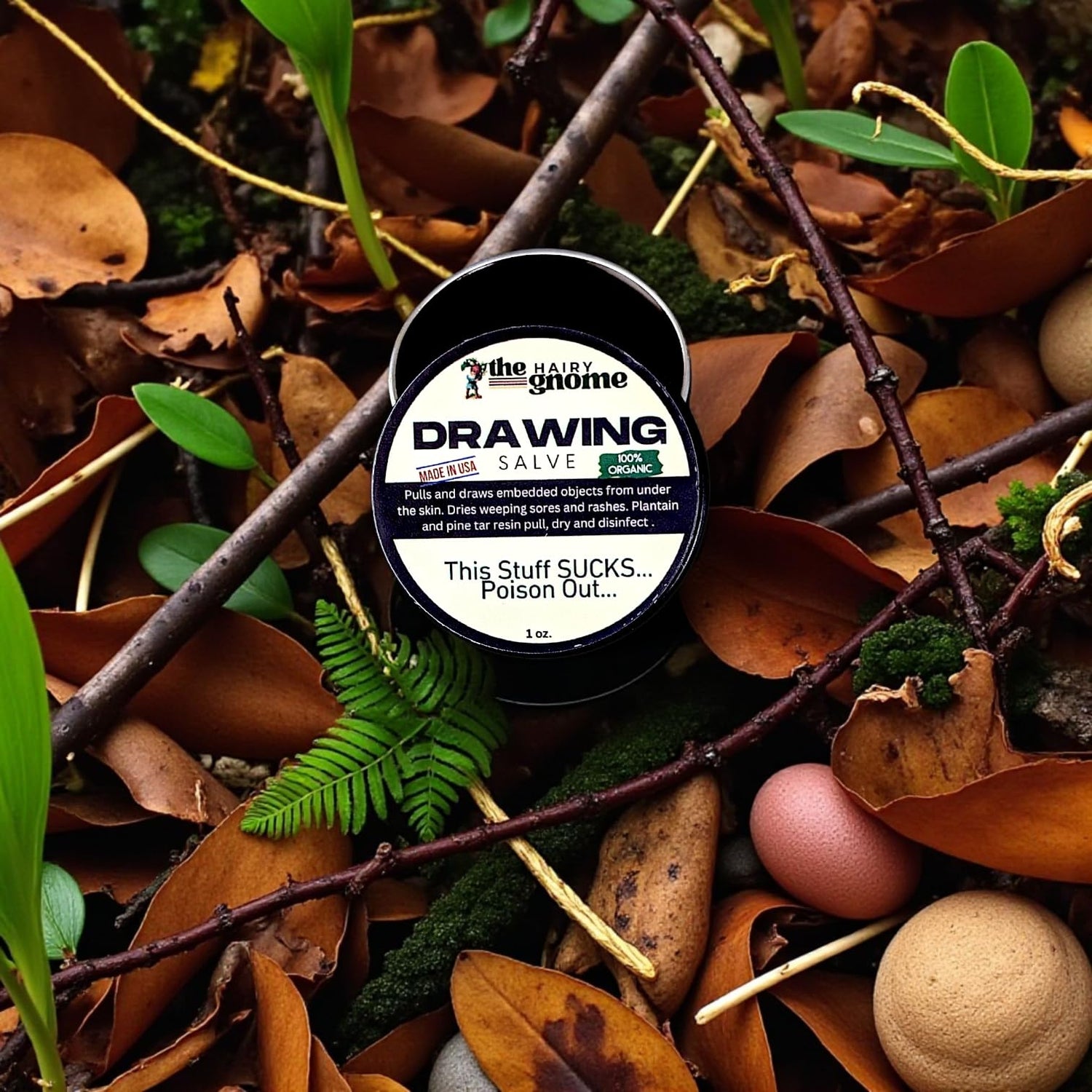 The Hairy Gnome- This Stuff Sucks... Poison Out...All Natural Old Timey Drawing Salve Recipe with Pine Resin and Plantain. 100% Natural and Organic. Treats Cysts | Splinters | Boils | Rashes.