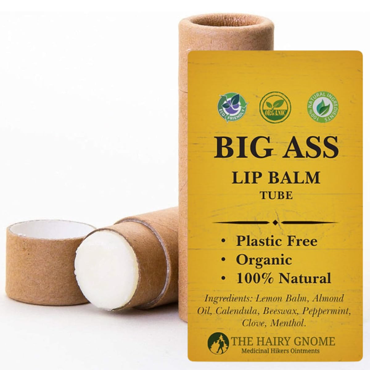 The Hairy Gnome- Big ASS Lip Balm. Repairs, Moisturizes and Softens Chapped Lips Using Plant Ingredients and No Plastic. Clean Company. Give a Sh*t About Nature.