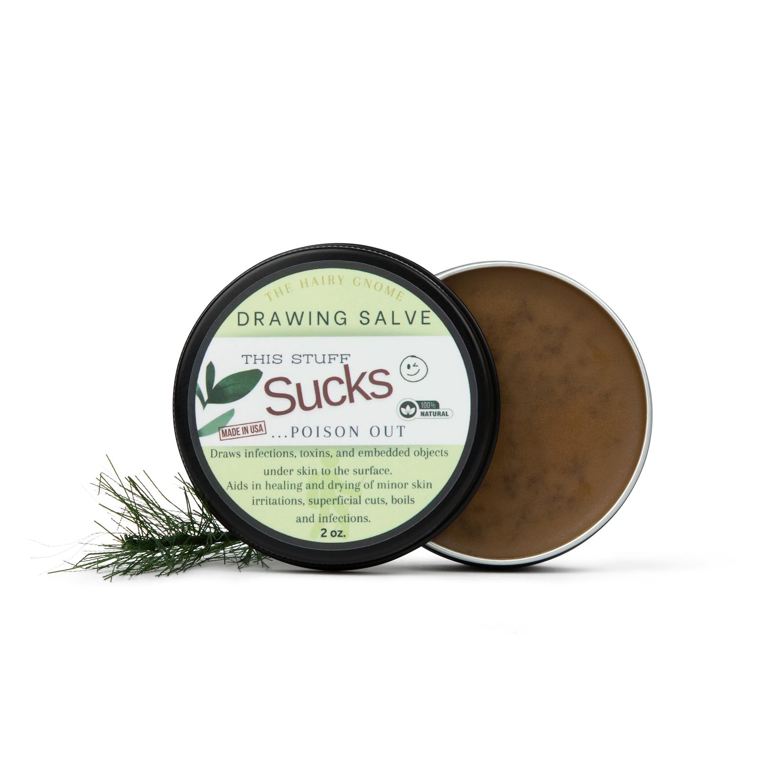 The Hairy Gnome Drawing Salve Ointment, This Stuff Sucks! Poison Out. Handmade with Organic Ingredients. Old Timey Plantain and Pine Sap Recipe for Infections, Poison Ivy, and Boils.