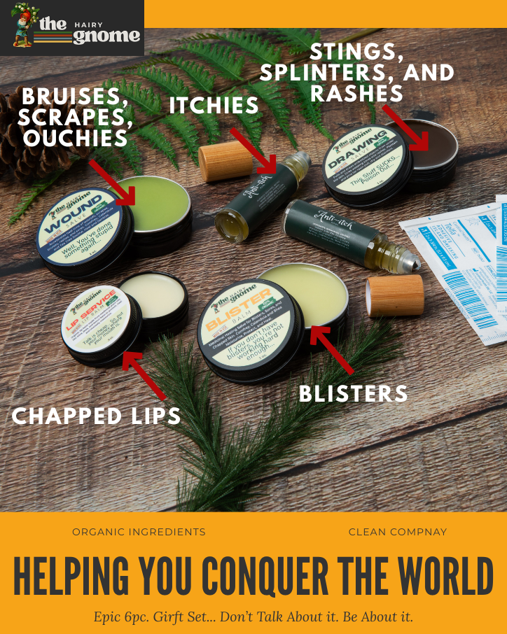 The Hairy Gnome-Organic Hiker Ointments | Epic 6 pc. Gift Set | Plastic Free | Made in The U.S.A. | Helping You Conquer The World.